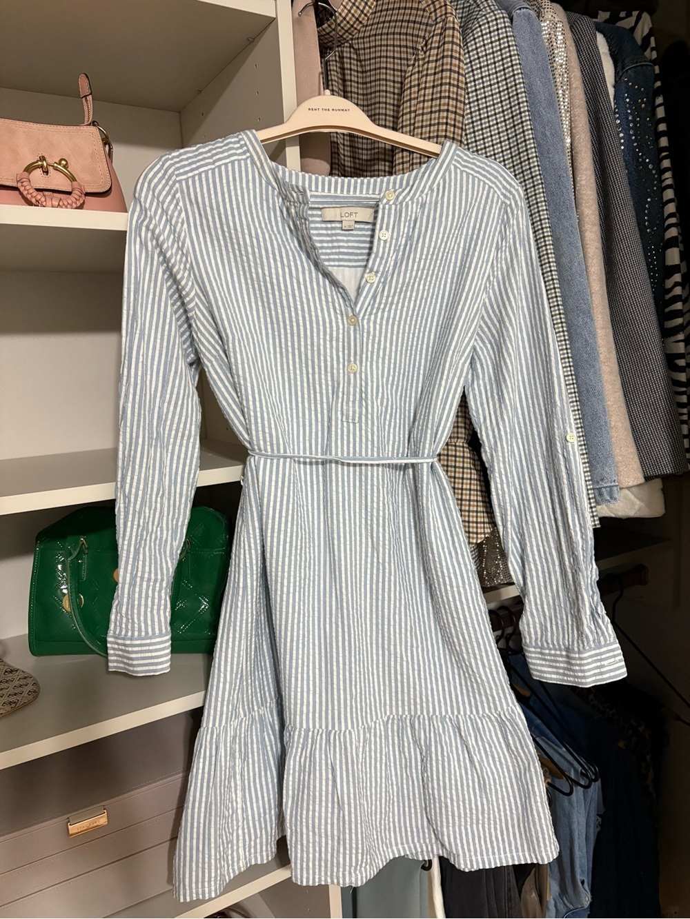 LOFT Light Blue and White Striped Long-Sleeve Dress